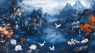 大气磅礴蓝色山水年画