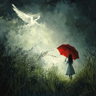 撑红雨伞的女孩