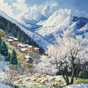 山峰山水画油画梅花鹿