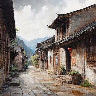 写实古镇插画