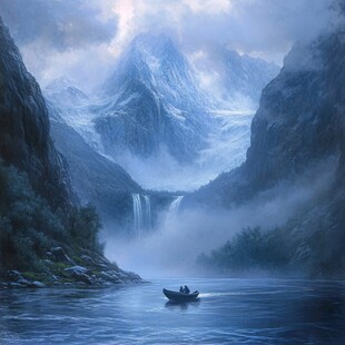 山水风景油画瀑布