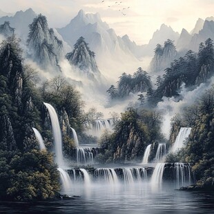 山水风景油画瀑布