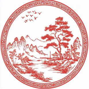 圆形手绘山水画