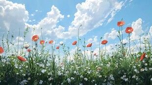 仰望蓝天白云鲜花