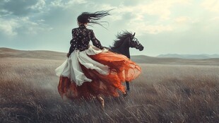 奔驰的马背上站着少女