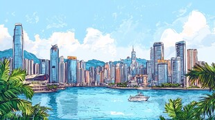 维多利亚港手绘插画