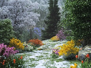 春季森林杜鹃花积雪