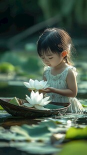 拍荷花的女孩