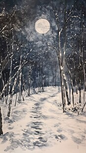 手绘雪夜风景无框画