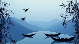 竹林飞鸟花鸟木窗划船