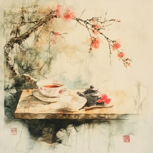 禅茶一味水彩画