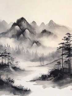手绘风景画烟雾山水画