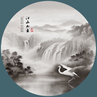 圆形山水水墨画