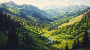 手绘森林山峰草地