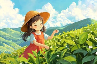 正在采茶的小女孩插画