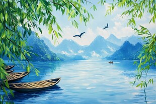 绿色山水壁画装饰