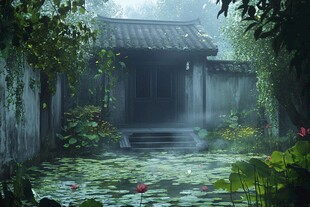 江南庭院插画