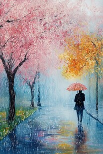 樱花树下的红雨伞