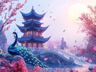 楼阁建筑仙鹤背景墙