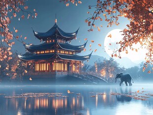 楼阁古风仙鹿仙景