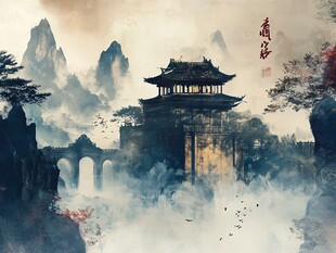 楼阁古风仙鹿仙景