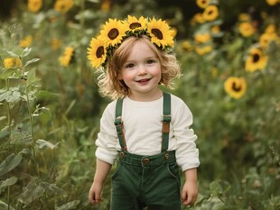 站在向日葵里的小女孩