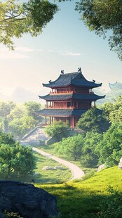 亭台楼阁绿色背景