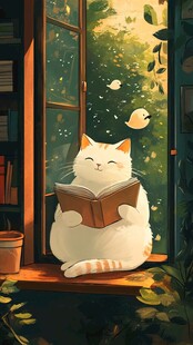 猫咪女生一起看书插画