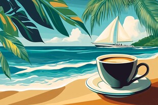 手绘热带海滩晒太阳