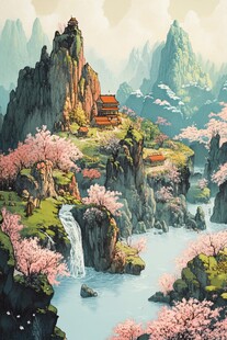 桃花源记古风山水插画