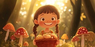 采蘑菇的小姑娘插画