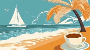 手绘热带海滩晒太阳