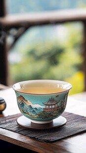 山水人物纹净水碗