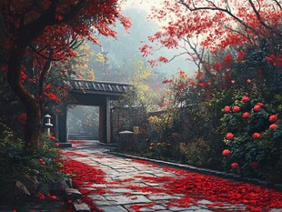 中式民居红枫树