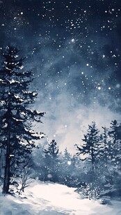 手绘雪夜风景无框画