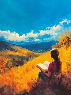 坐在草地上看书的女孩