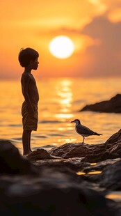 黄昏赶海的小孩