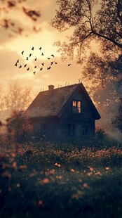 晚霞中草地木屋