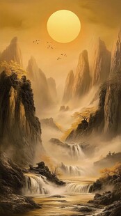 淡雅金色烟雾山水