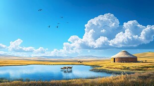 夏季草原河流蒙古包