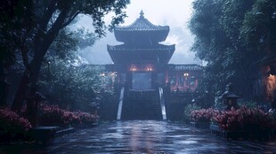 中式古代建筑雨景