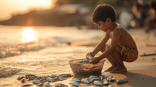 黄昏赶海的小孩