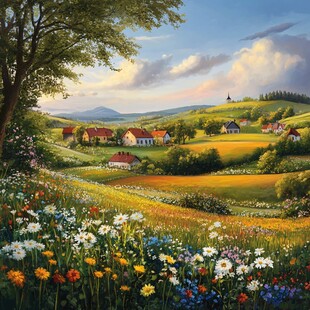 唯美田园风光油画