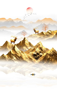 日本画　山水画　金箔背景 金箔山水画背景墙设计图__PSD分层素材_PSD分层素材_设计图库_昵图网