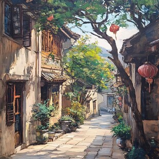油画古街巷