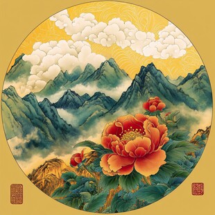 手绘牡丹花云山