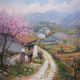 桃花风景油画