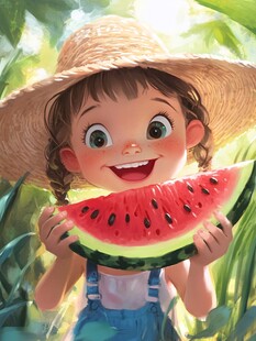 吃西瓜插画
