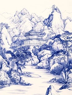 楼阁描线山水背景墙