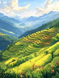 水稻梯田插画